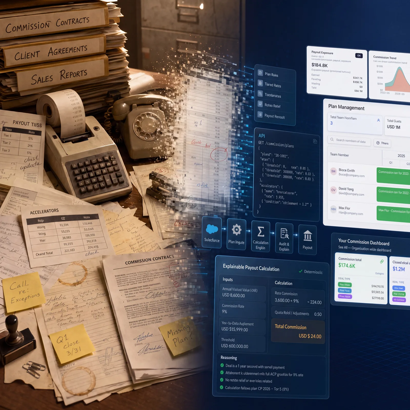 Paper commission contracts and spreadsheets transforming into Core8 dashboards showing payout exposure, plan management and explainable payout calculations
